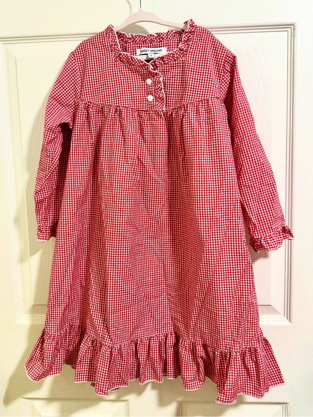 Sweet Dreams Red White Gingham Nightgown Size 6 Ruffle Long Sleeve Pajama Dress